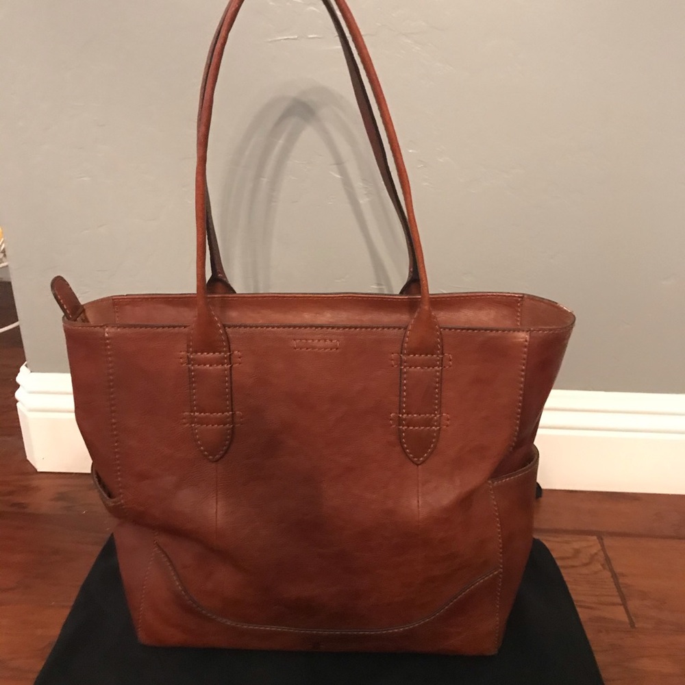 Frye Cognac Side Pocket Double Strap Tote Handbag